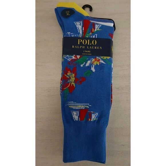 Polo Ralph Lauren Mens Crew Socks Polo Paradise Print Blue 2-Pair Sz XL 13-16 - Picture 1 of 8